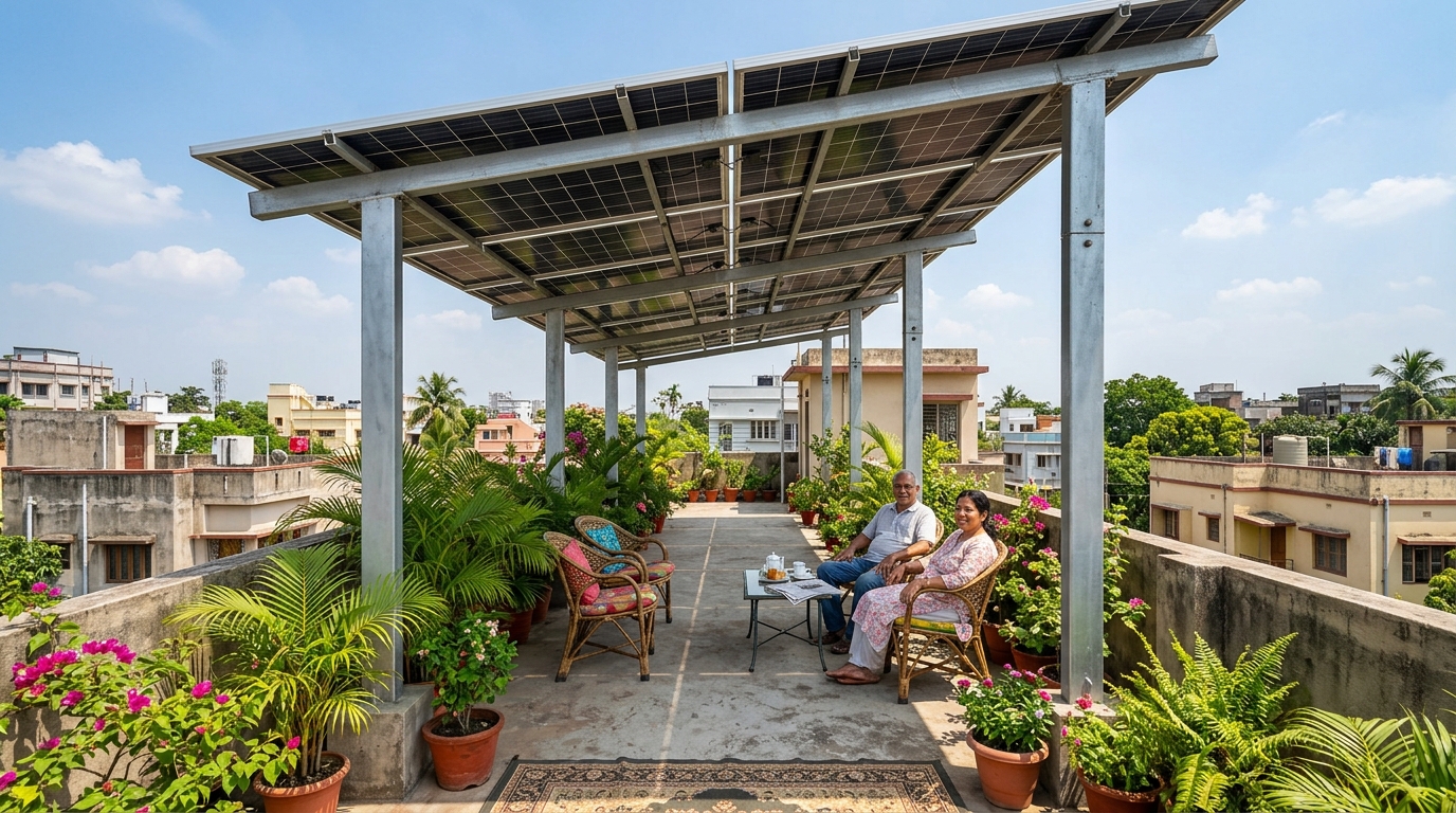 Maa Durga Solar elevated rooftop pergola walkway structure in Bengal